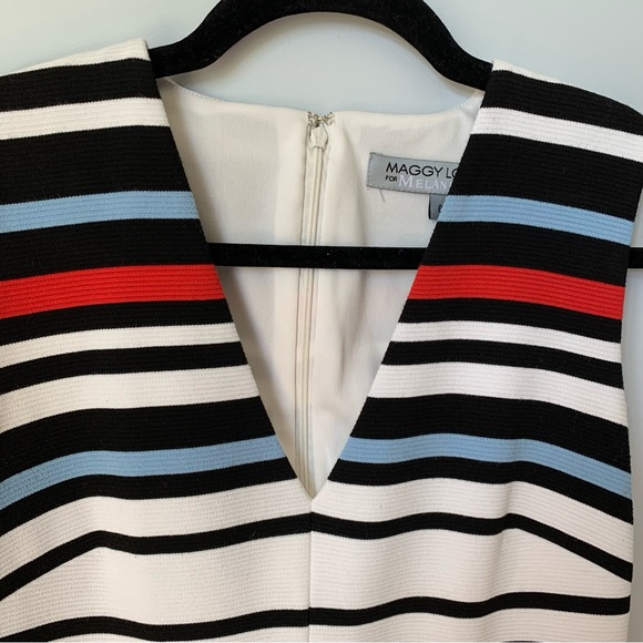 SZ6 MAGGY LONDON SLEEVELESS VNECK LINED SHEATH STRIPED DRESS BLUE BLUE WHITE RED - Picture 4 of 9